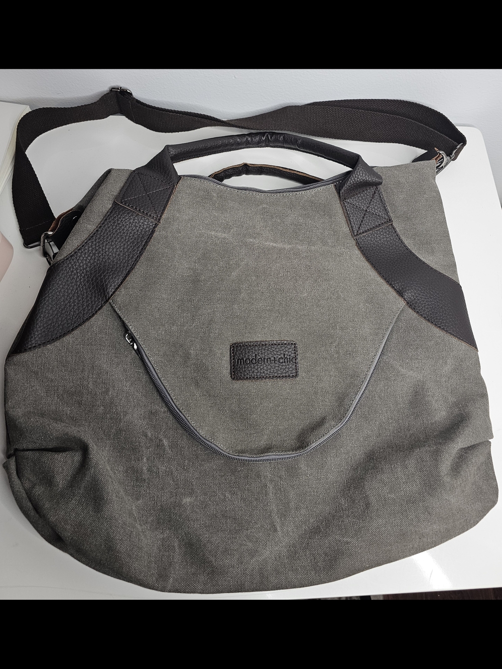 Modern+Chic Gray Canvas Messenger Bag with Dark Brown Accents